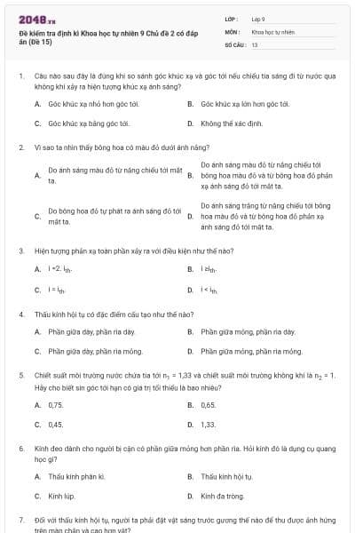 Đề kiểm tra định kì Khoa học tự nhiên 9 Chủ đề 2 có đáp án (Đề 15)