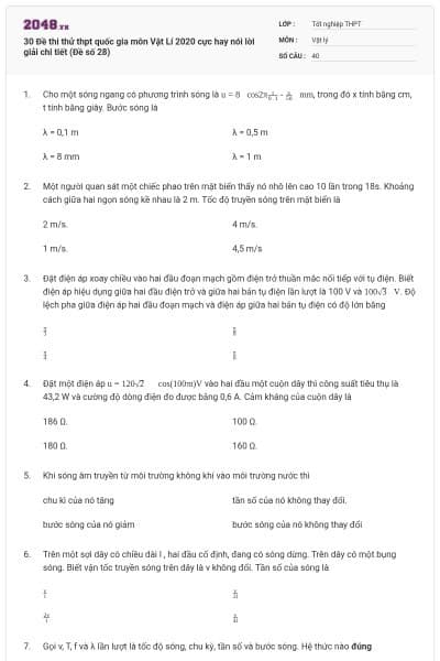 30 Đề thi thử thpt quốc gia môn Vật Lí 2020 cực hay nói lời giải chi tiết (Đề số 28)