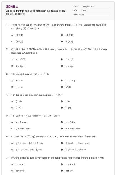 30 đề thi thử thpt năm 2020 môn Toán cực hay có lời giải chi tiết (đề số 16)