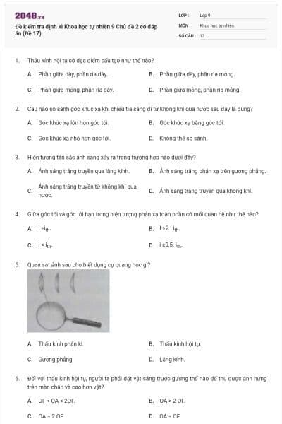 Đề kiểm tra định kì Khoa học tự nhiên 9 Chủ đề 2 có đáp án (Đề 17)