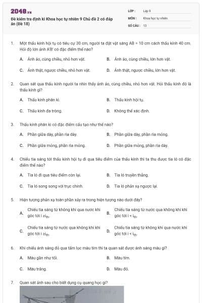 Đề kiểm tra định kì Khoa học tự nhiên 9 Chủ đề 2 có đáp án (Đề 18)
