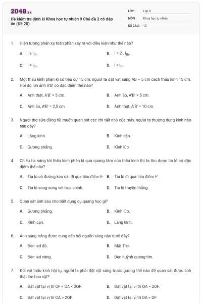 Đề kiểm tra định kì Khoa học tự nhiên 9 Chủ đề 2 có đáp án (Đề 20)