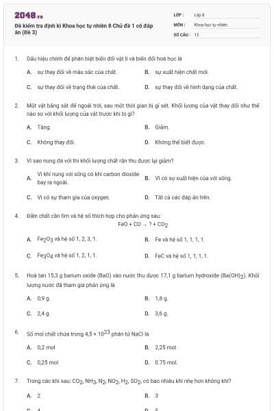 Đề kiểm tra định kì Khoa học tự nhiên 8 Chủ đề 1 có đáp án (Đề 3)