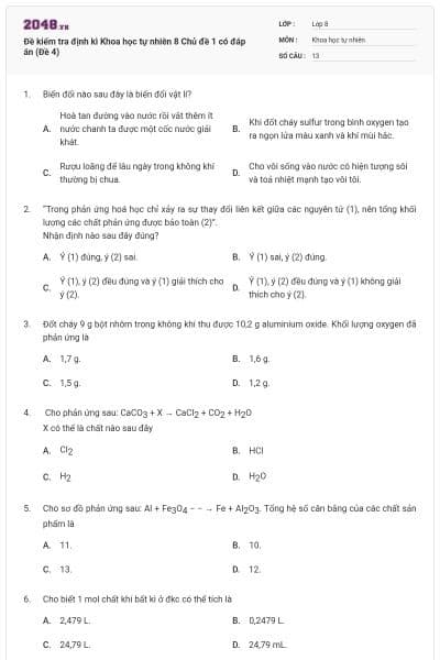 Đề kiểm tra định kì Khoa học tự nhiên 8 Chủ đề 1 có đáp án (Đề 4)