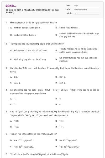 Đề kiểm tra định kì Khoa học tự nhiên 8 Chủ đề 1 có đáp án (Đề 5)