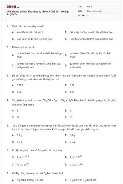 Đề kiểm tra định kì Khoa học tự nhiên 8 Chủ đề 1 có đáp án (Đề 7)