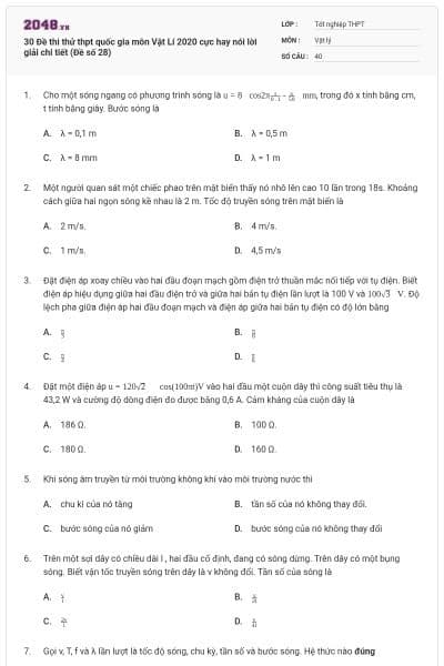 30 Đề thi thử thpt quốc gia môn Vật Lí 2020 cực hay nói lời giải chi tiết (Đề số 28)