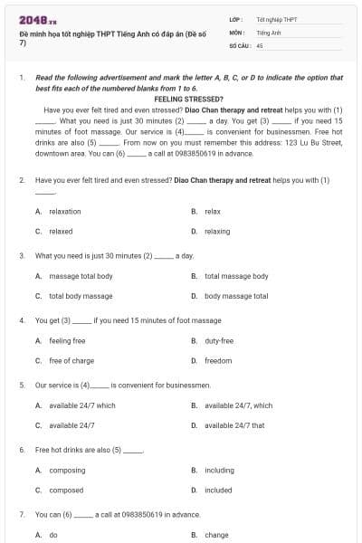 Đề minh họa tốt nghiệp THPT Tiếng Anh có đáp án (Đề số 7)