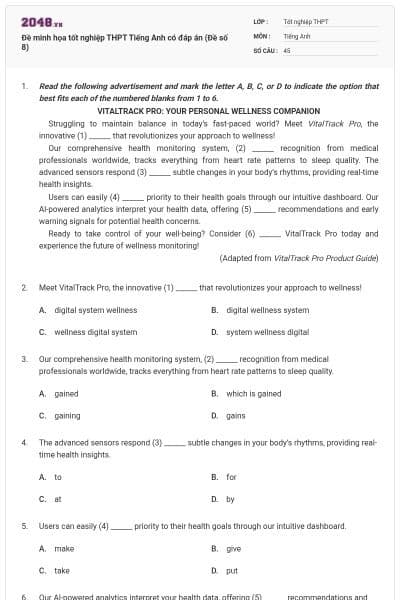 Đề minh họa tốt nghiệp THPT Tiếng Anh có đáp án (Đề số 8)