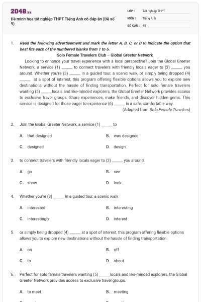 Đề minh họa tốt nghiệp THPT Tiếng Anh có đáp án (Đề số 9)