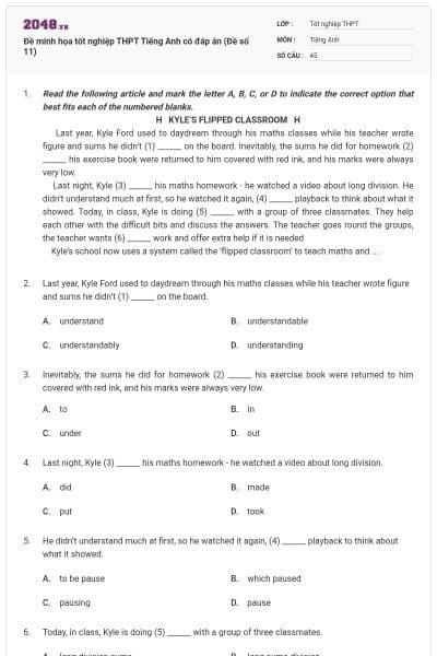 Đề minh họa tốt nghiệp THPT Tiếng Anh có đáp án (Đề số 11)