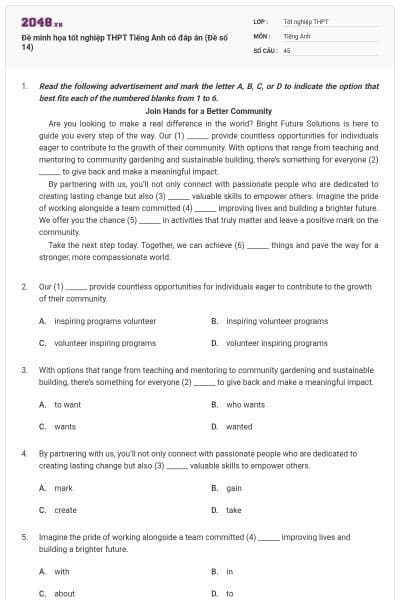 Đề minh họa tốt nghiệp THPT Tiếng Anh có đáp án (Đề số 14)