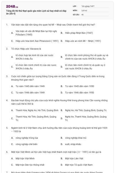 Tổng đề thi thử thpt quốc gia môn Lịch sử hay nhất có đáp án (đề 4)