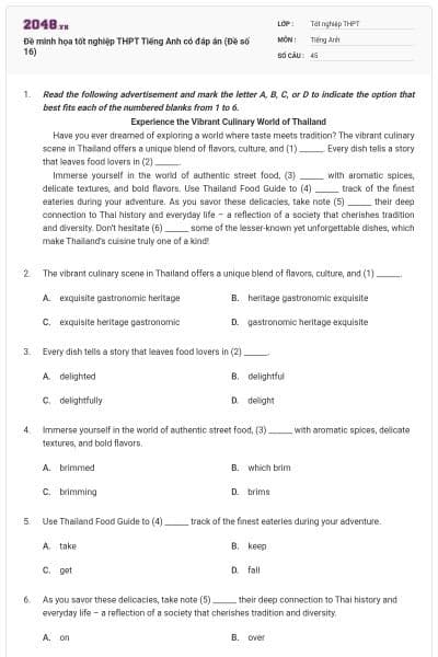 Đề minh họa tốt nghiệp THPT Tiếng Anh có đáp án (Đề số 16)