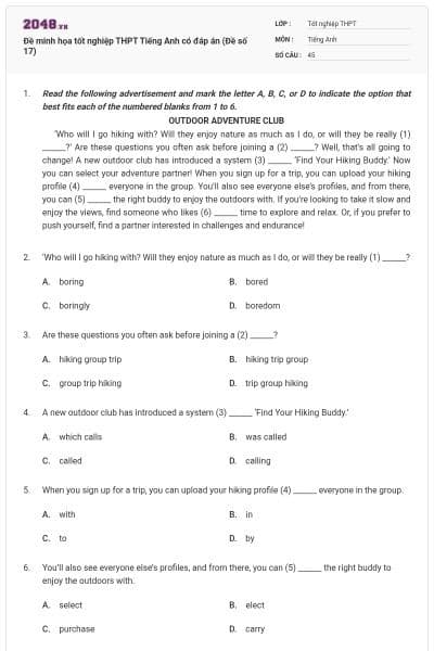 Đề minh họa tốt nghiệp THPT Tiếng Anh có đáp án (Đề số 17)