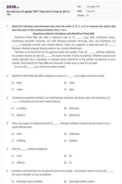 Đề minh họa tốt nghiệp THPT Tiếng Anh có đáp án (Đề số 19)