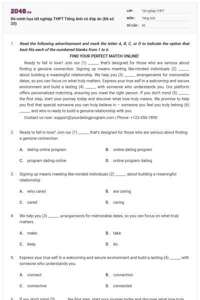 Đề minh họa tốt nghiệp THPT Tiếng Anh có đáp án (Đề số 20)