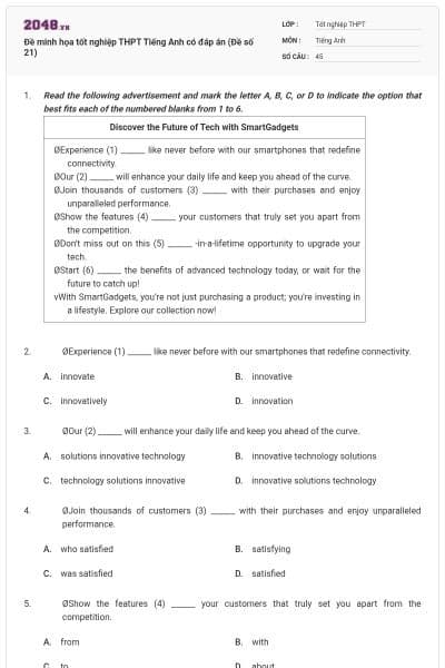 Đề minh họa tốt nghiệp THPT Tiếng Anh có đáp án (Đề số 21)