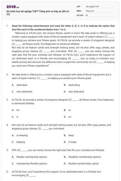 Đề minh họa tốt nghiệp THPT Tiếng Anh có đáp án (Đề số 22)
