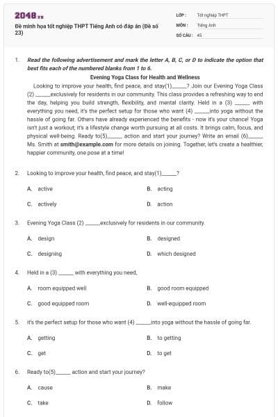 Đề minh họa tốt nghiệp THPT Tiếng Anh có đáp án (Đề số 23)