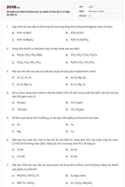 Đề kiểm tra định kì Khoa học tự nhiên 8 Chủ đề 2 có đáp án (Đề 2)
