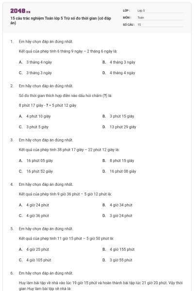 15 câu trắc nghiệm Toán lớp 5 Trừ số đo thời gian (có đáp án)