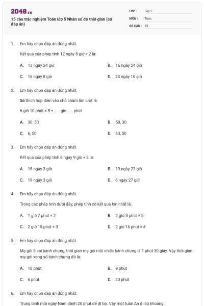 15 câu trắc nghiệm Toán lớp 5 Nhân số đo thời gian (có đáp án)