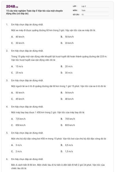 15 câu trắc nghiệm Toán lớp 5 Vận tốc của một chuyển động đều (có đáp án)