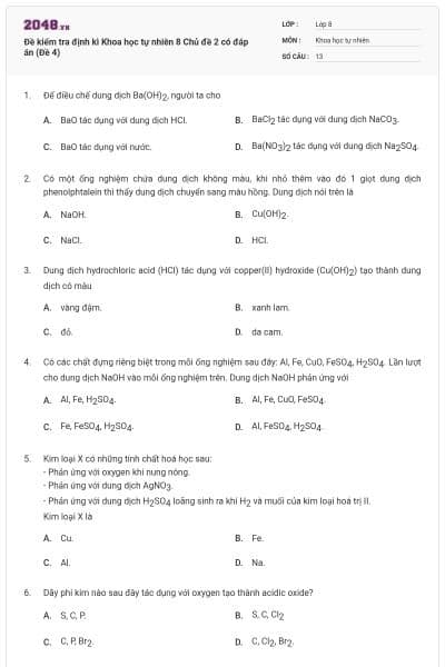 Đề kiểm tra định kì Khoa học tự nhiên 8 Chủ đề 2 có đáp án (Đề 4)