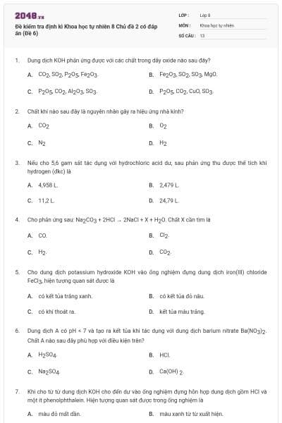 Đề kiểm tra định kì Khoa học tự nhiên 8 Chủ đề 2 có đáp án (Đề 6)