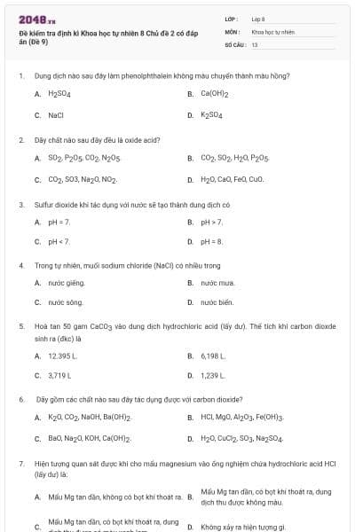 Đề kiểm tra định kì Khoa học tự nhiên 8 Chủ đề 2 có đáp án (Đề 9)