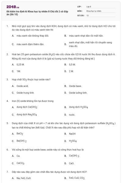 Đề kiểm tra định kì Khoa học tự nhiên 8 Chủ đề 2 có đáp án (Đề 10)