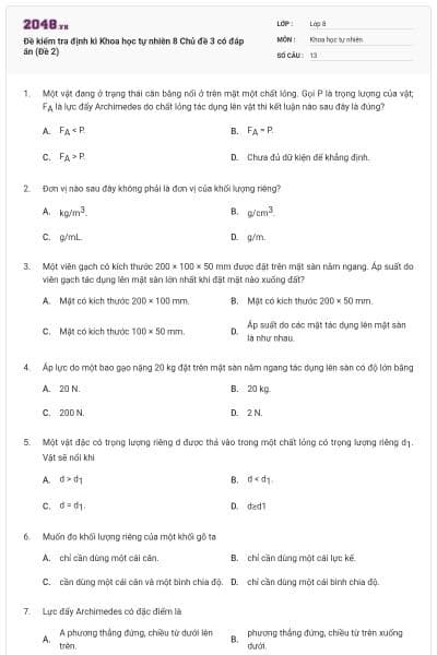 Đề kiểm tra định kì Khoa học tự nhiên 8 Chủ đề 3 có đáp án (Đề 2)