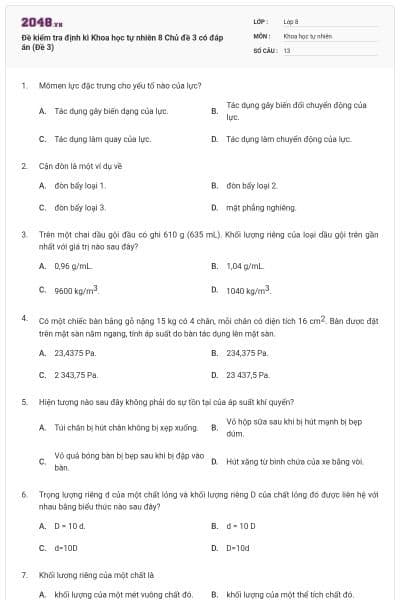 Đề kiểm tra định kì Khoa học tự nhiên 8 Chủ đề 3 có đáp án (Đề 3)