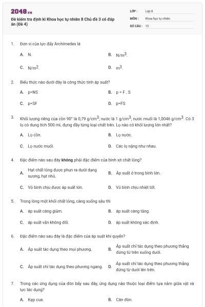 Đề kiểm tra định kì Khoa học tự nhiên 8 Chủ đề 3 có đáp án (Đề 4)