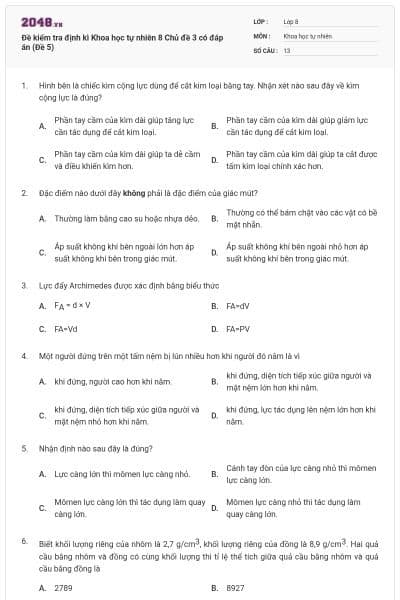 Đề kiểm tra định kì Khoa học tự nhiên 8 Chủ đề 3 có đáp án (Đề 5)