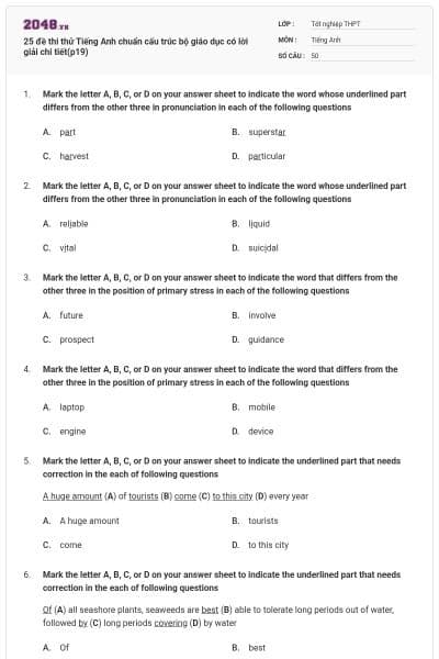25 đề thi thử Tiếng Anh chuẩn cấu trúc bộ giáo dục có lời giải chi tiết(p19)