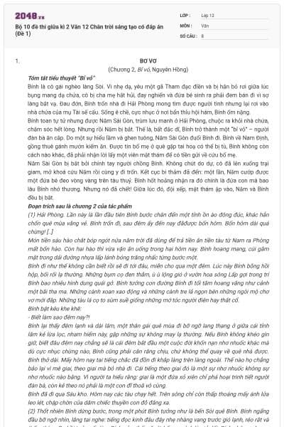 Bộ 10 đề thi giữa kì 2 Văn 12 Chân trời sáng tạo có đáp án (Đề 1)