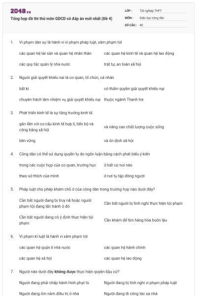 Tổng hợp đề thi thử môn GDCD có đáp án mới nhất (Đề 4)