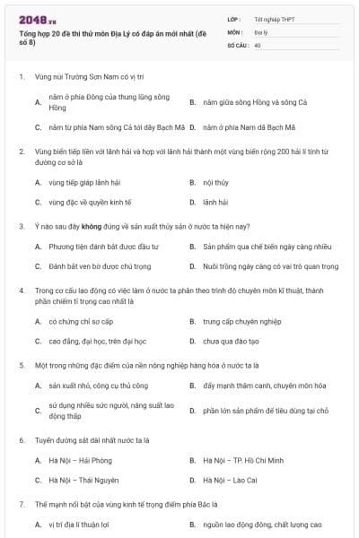 Tổng hợp 20 đề thi thử môn Địa Lý có đáp án mới nhất (đề số 8)