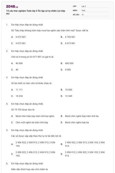 15 câu trắc nghiệm Toán lớp 5 Ôn tập số tự nhiên (có đáp án)