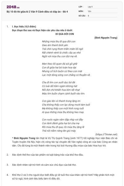 Bộ 10 đề thi giữa kì 2 Văn 9 Cánh diều có đáp án - Đề 4