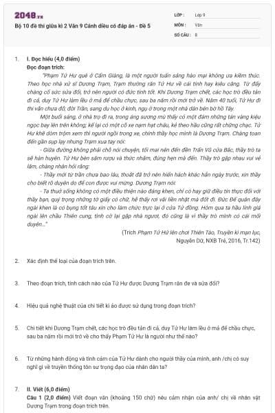 Bộ 10 đề thi giữa kì 2 Văn 9 Cánh diều có đáp án - Đề 5