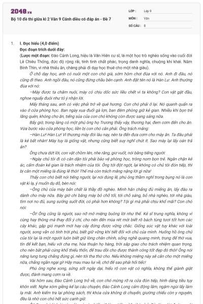 Bộ 10 đề thi giữa kì 2 Văn 9 Cánh diều có đáp án - Đề 7