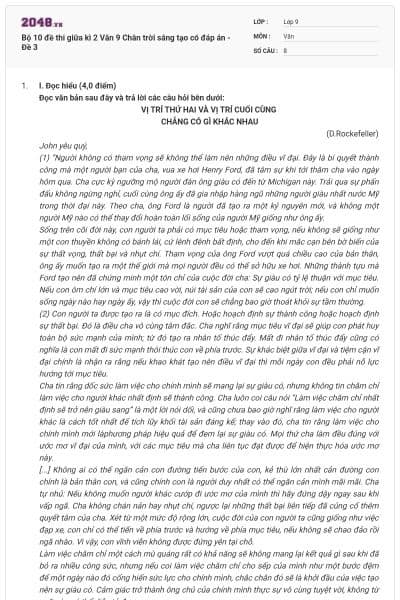 Bộ 10 đề thi giữa kì 2 Văn 9 Chân trời sáng tạo có đáp án - Đề 3