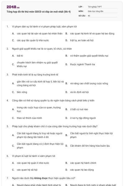 Tổng hợp đề thi thử môn GDCD có đáp án mới nhất (Đề 4)