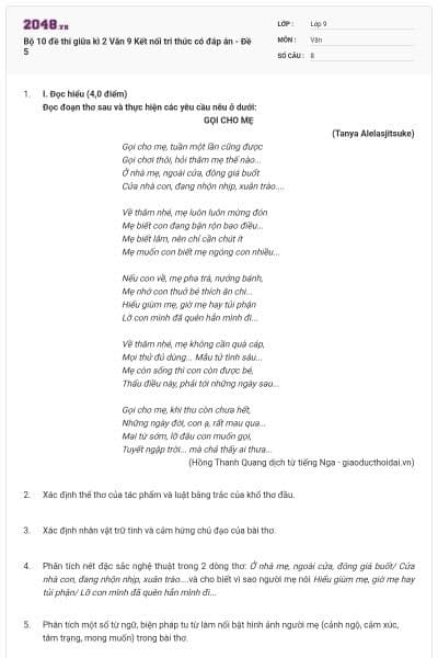 Bộ 10 đề thi giữa kì 2 Văn 9 Kết nối tri thức có đáp án - Đề 5