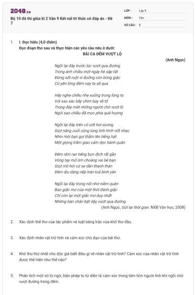 Bộ 10 đề thi giữa kì 2 Văn 9 Kết nối tri thức có đáp án - Đề 7