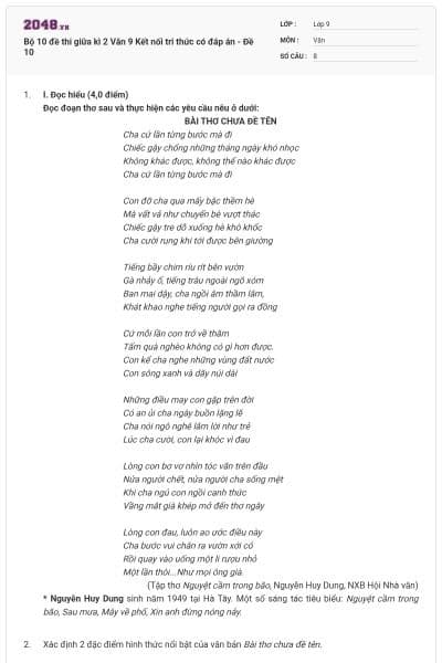 Bộ 10 đề thi giữa kì 2 Văn 9 Kết nối tri thức có đáp án - Đề 10