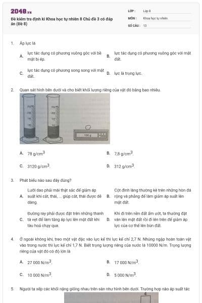 Đề kiểm tra định kì Khoa học tự nhiên 8 Chủ đề 3 có đáp án (Đề 8)